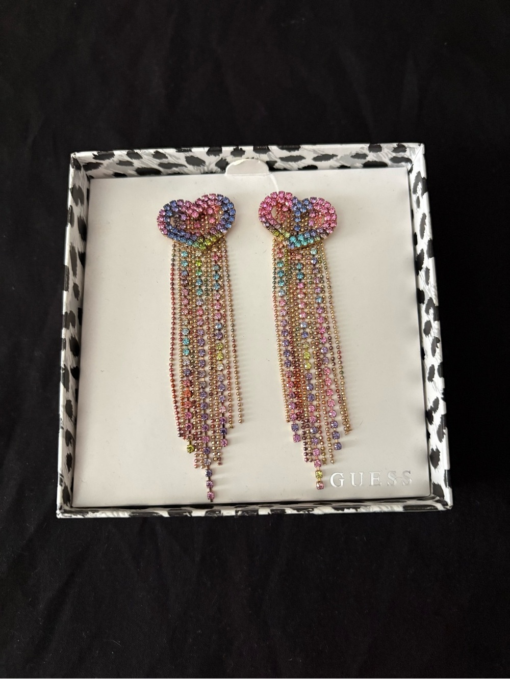 GUESS Rainbow Crystal Heart Fringe Drop Earrings - Pink/Multicolor
